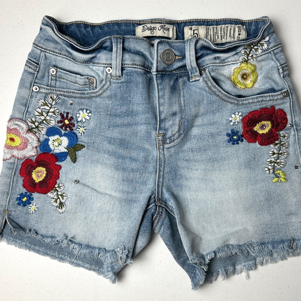 Embroidered Floral Denim Frayed Jean Shorts